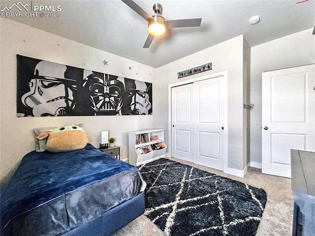 bedroom with a closet, ceiling fan, and carpet