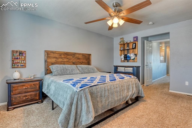 bedroom featuring light colored carpet and ceiling fan