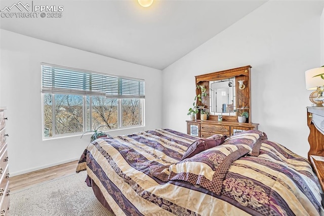 bedroom featuring lofted ceiling and light wood-type flooring