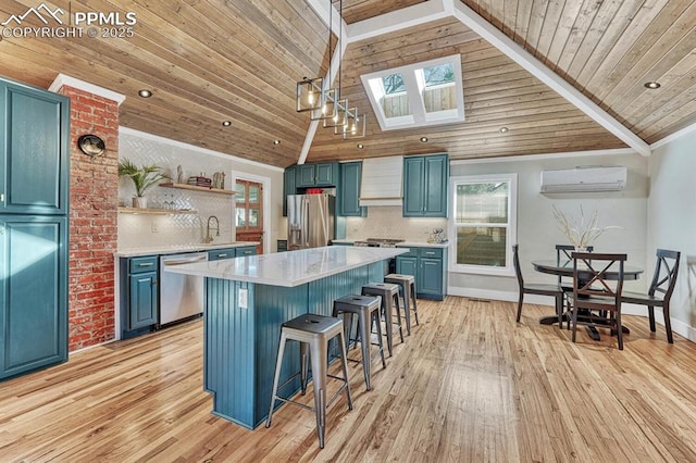 kitchen with wooden ceiling, blue cabinetry, appliances with stainless steel finishes, and an AC wall unit