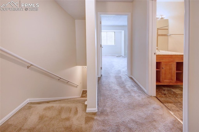 corridor featuring light colored carpet