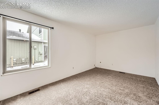 carpeted spare room with a textured ceiling