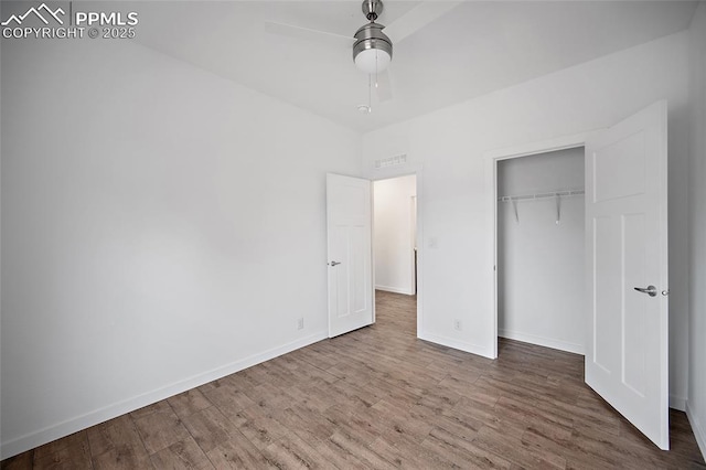 20 Apache Cir, Florissant, CO 80816 - unfurnished bedroom with wood finished floors, a closet, baseboards, and ceiling fan