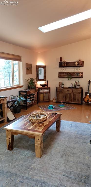 game room featuring vaulted ceiling with skylight and wood finished floors