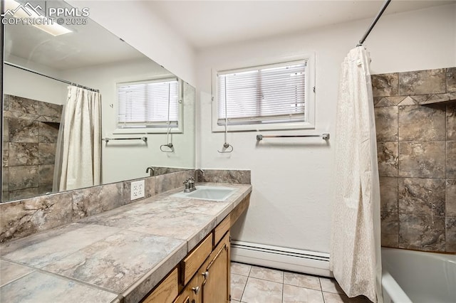 bathroom featuring shower / bath combination with curtain, vanity, a baseboard heating unit, and tile patterned floors