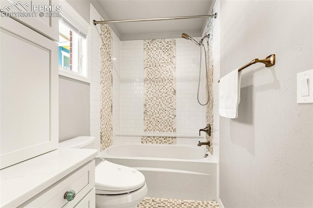 full bathroom with toilet, shower / bathtub combination with curtain, and vanity