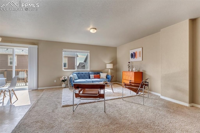 living area with baseboards, light carpet, and a textured ceiling