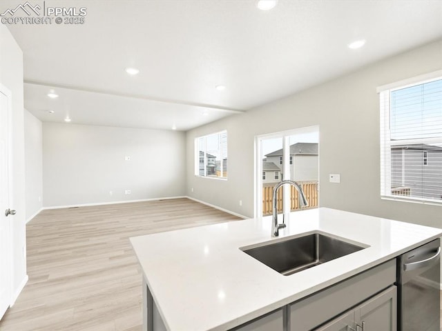 kitchen with dishwasher, light countertops, light wood finished floors, and a sink