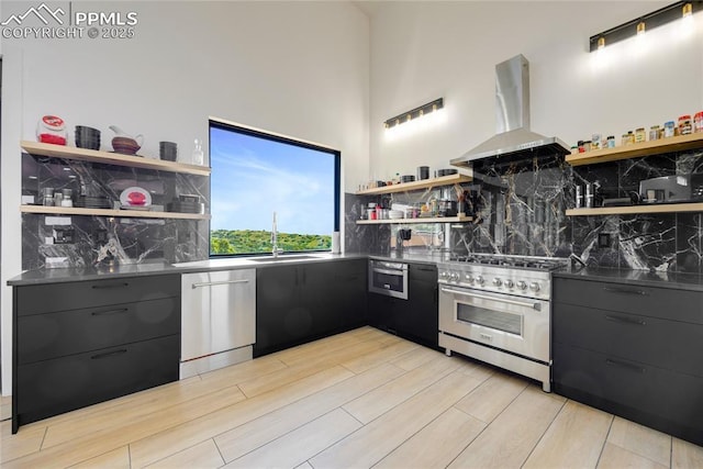 kitchen featuring tasteful backsplash, appliances with stainless steel finishes, range hood, and sink