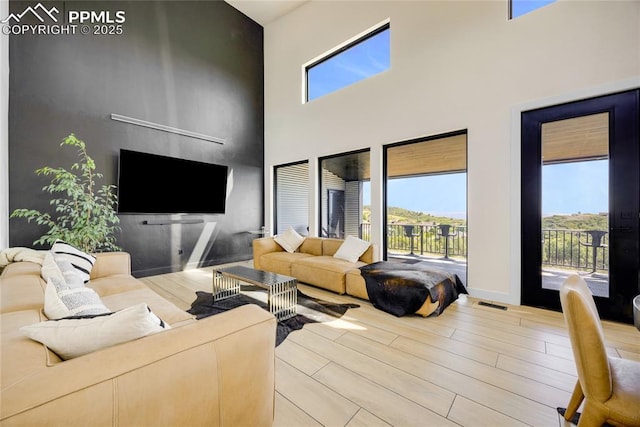 living room with wood-type flooring and a high ceiling