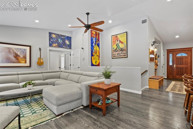 living area with recessed lighting, ceiling fan, and wood finished floors