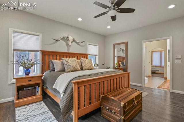 bedroom with a ceiling fan, baseboards, wood finished floors, and recessed lighting