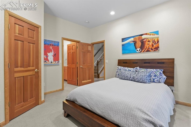 bedroom featuring carpet, baseboards, and recessed lighting