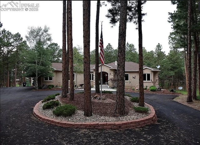 ranch-style house featuring aphalt driveway and stucco siding