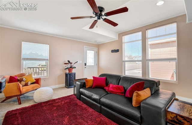 living area featuring ornamental molding, a healthy amount of sunlight, and baseboards