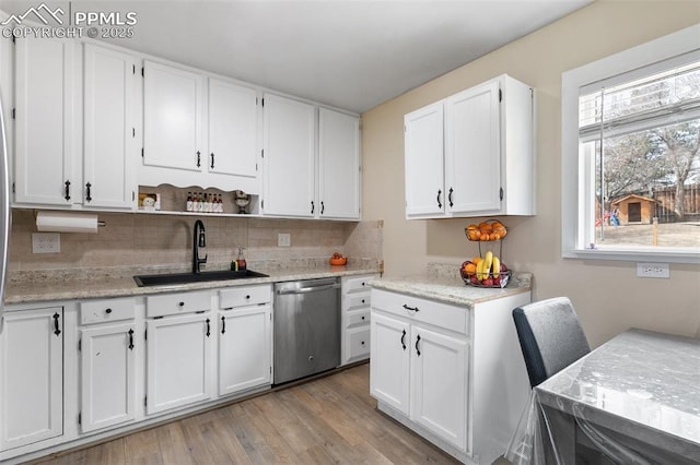 kitchen featuring white cabinetry, a sink, and stainless steel dishwasher