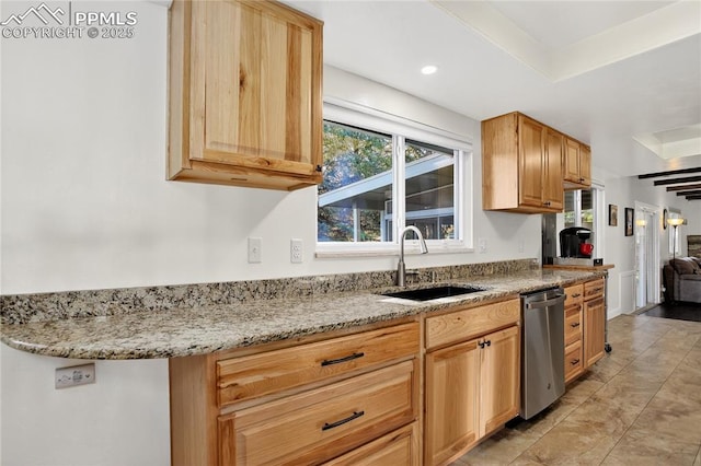 2113 Woodburn St, Colorado Springs, CO 80906 - kitchen featuring stainless steel dishwasher, light stone countertops, and a tray ceiling