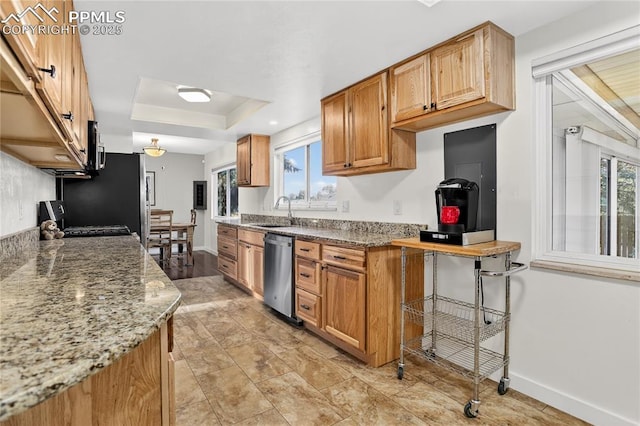 2113 Woodburn St, Colorado Springs, CO 80906 - kitchen featuring stainless steel appliances, a tray ceiling, and light stone counters