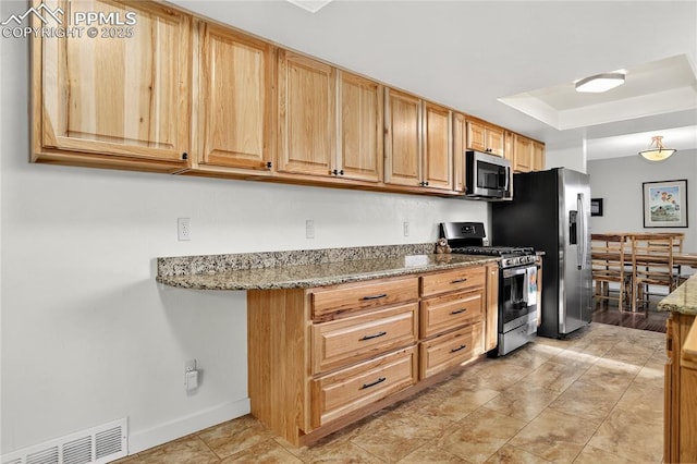 2113 Woodburn St, Colorado Springs, CO 80906 - kitchen featuring stainless steel appliances, light stone countertops, a tray ceiling, and light brown cabinetry