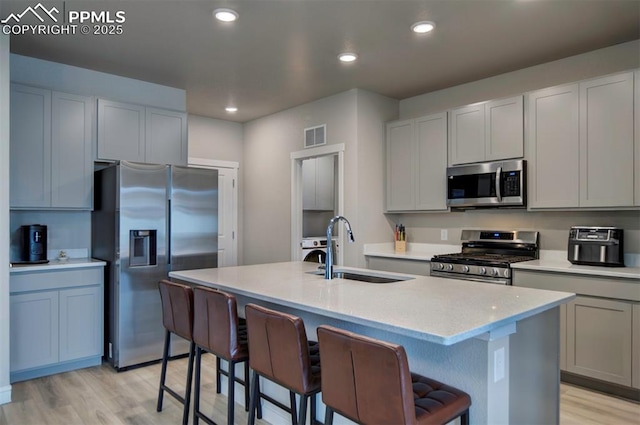 kitchen with a sink, visible vents, appliances with stainless steel finishes, light wood-type flooring, and an island with sink