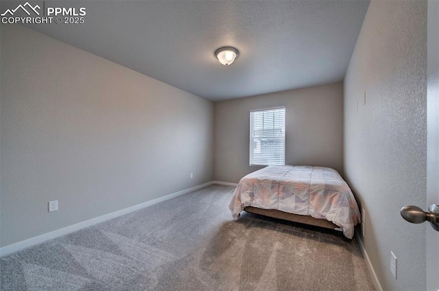 bedroom with baseboards, carpet flooring, and a textured wall