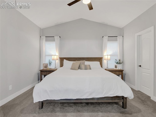 bedroom with carpet, vaulted ceiling, and ceiling fan