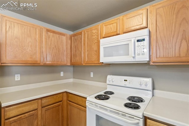 kitchen featuring white appliances, light countertops, and light brown cabinets