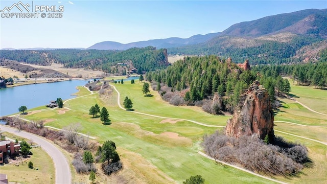 bird's eye view featuring a water and mountain view