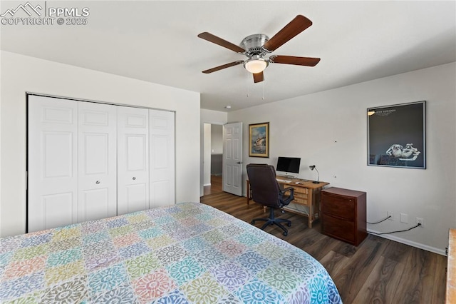 bedroom with ceiling fan, a closet, and dark wood-style flooring