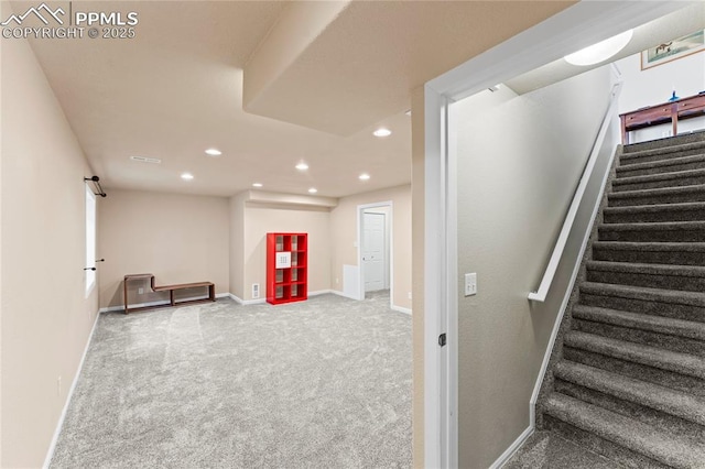 interior space featuring stairway, recessed lighting, carpet, and baseboards