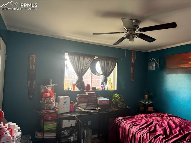 2106 Capulin Dr, Colorado Springs, CO 80910 - bedroom featuring ceiling fan and crown molding
