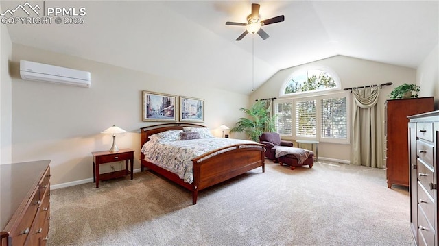 carpeted bedroom with vaulted ceiling, ceiling fan, and a wall mounted AC