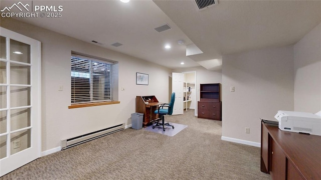 carpeted office with a baseboard radiator