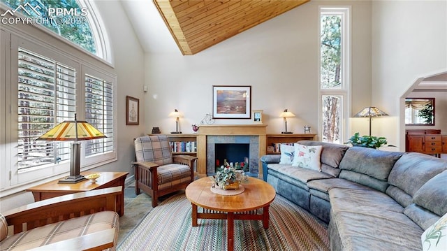 living room featuring high vaulted ceiling and wood ceiling