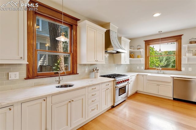 kitchen with appliances with stainless steel finishes, a sink, custom exhaust hood, and open shelves