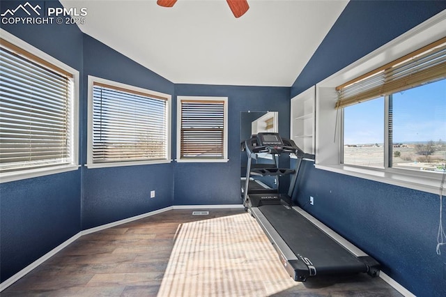 exercise area with lofted ceiling, ceiling fan, baseboards, and wood finished floors