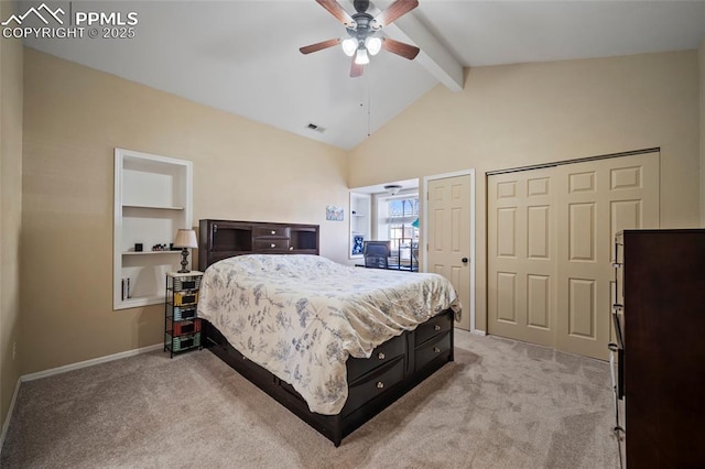 bedroom with visible vents, baseboards, light colored carpet, lofted ceiling with beams, and ceiling fan