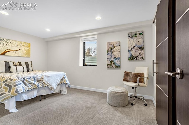 bedroom featuring baseboards, recessed lighting, and carpet flooring