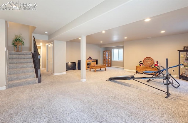 workout area featuring baseboards, carpet flooring, and recessed lighting