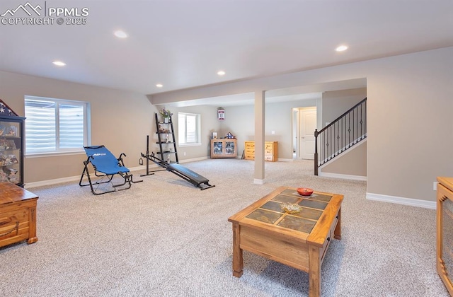 exercise room with carpet floors, plenty of natural light, and recessed lighting