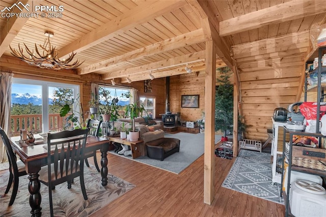 dining room with a wood stove, wooden walls, a healthy amount of sunlight, and wood ceiling