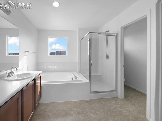 full bathroom featuring a healthy amount of sunlight, plus walk in shower, and vanity