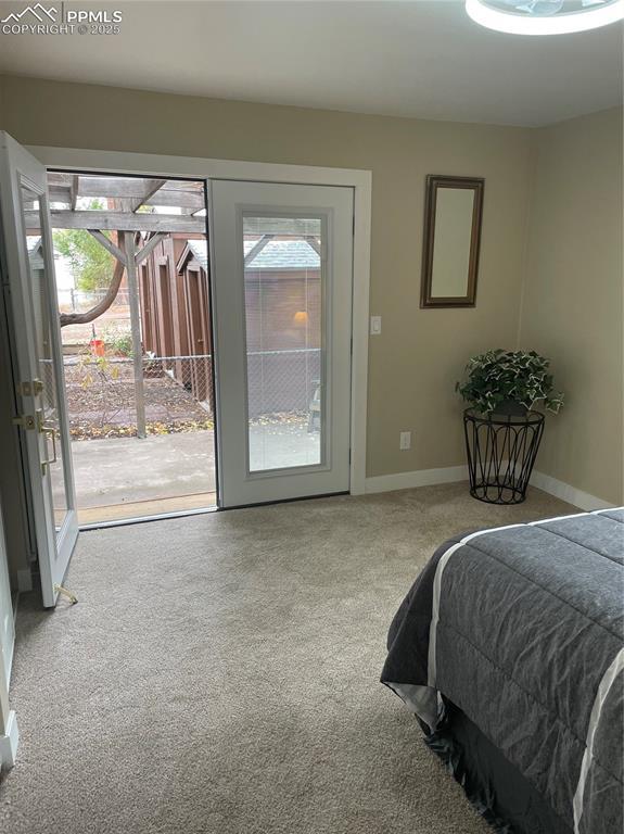 bedroom with access to exterior and carpet flooring