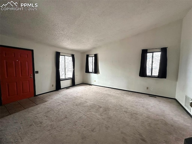 spare room with lofted ceiling, a textured ceiling, and light colored carpet