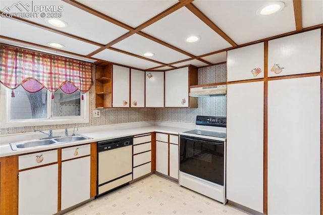 kitchen with light countertops, electric range oven, a sink, white dishwasher, and under cabinet range hood