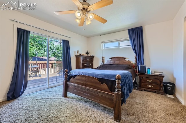 carpeted bedroom with ceiling fan, access to outside, and visible vents