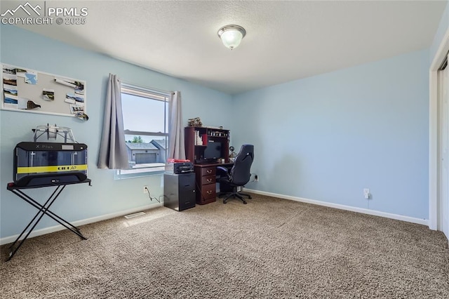 office featuring carpet, a textured ceiling, and baseboards