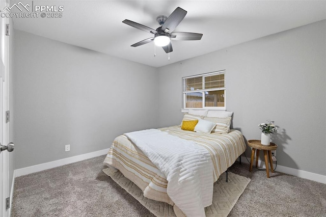 bedroom featuring baseboards, a ceiling fan, and light colored carpet