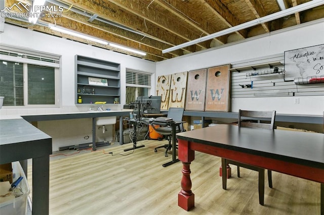 home office with light wood-style floors