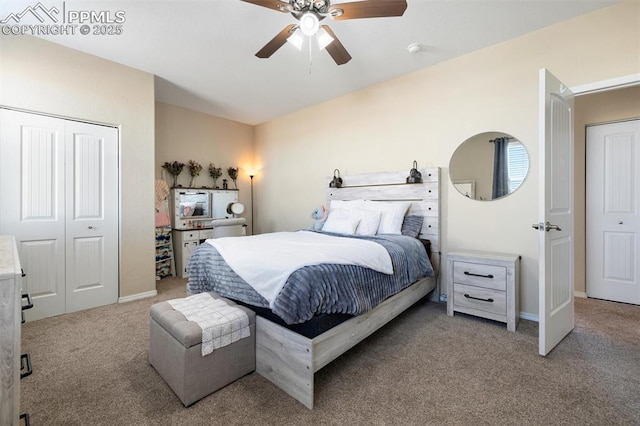 carpeted bedroom with a ceiling fan, a closet, and vaulted ceiling